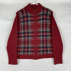 Vintage Eddie Bauer Sweater‎ Womens Size L Lambs Wool Knit Plaid Full Zip Y2K